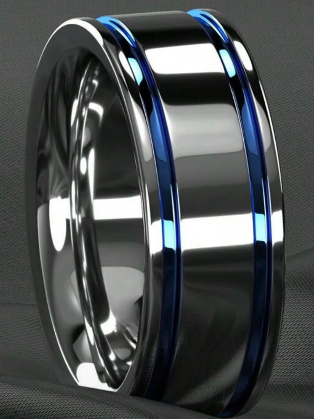 Men's Stainless Steel Silver Tone Ring with Blue Stripe Accents